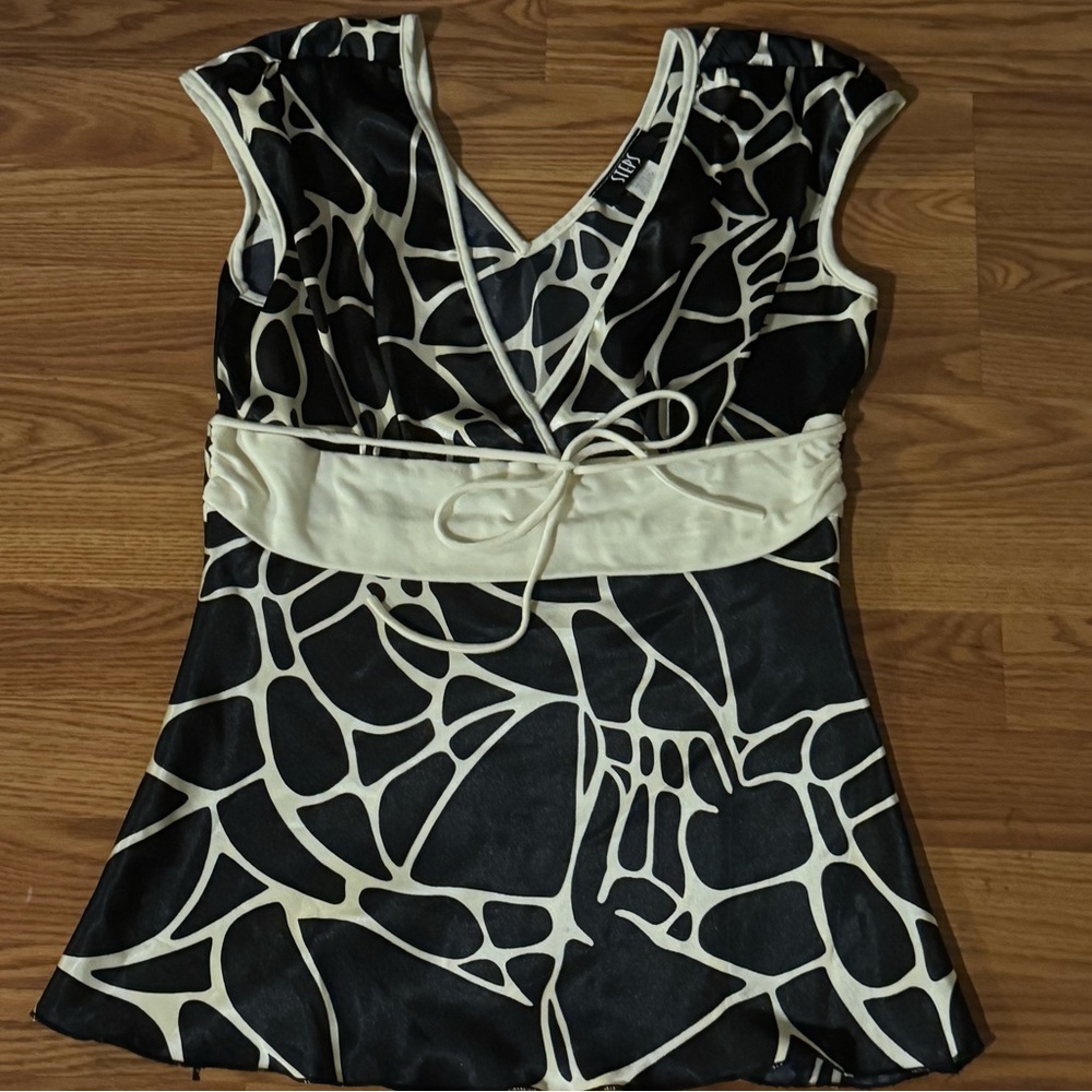 Y2k Vintage Steps Black Cream Giraffe Animal Print Tie Band Tank Silk Top Size M
